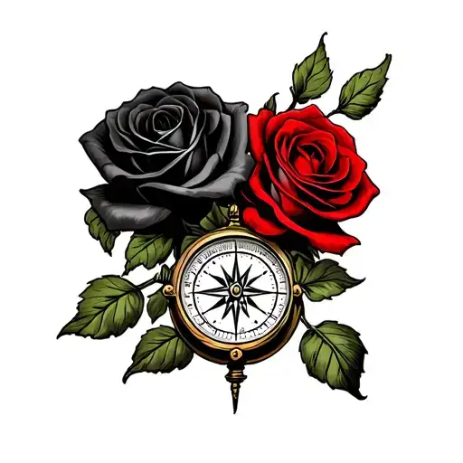 Two Rose Wrapped One Black One Red Tattoo With A Vintage Compass