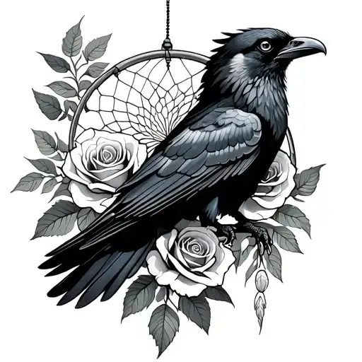 Black Raven Flying Surrounded By Two Wrapped Roses And Dreamcatcher