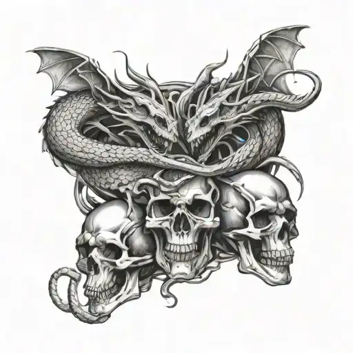 Dragons With Snake Heads Surrounded By Skulls Facing Each Other And Souls