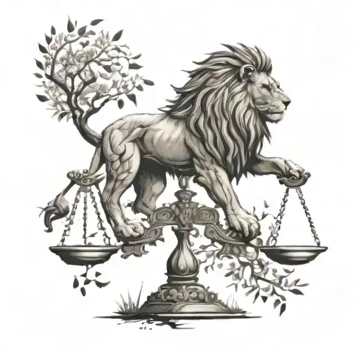 Lion Head And Justice Scales With Life Tree Emerging