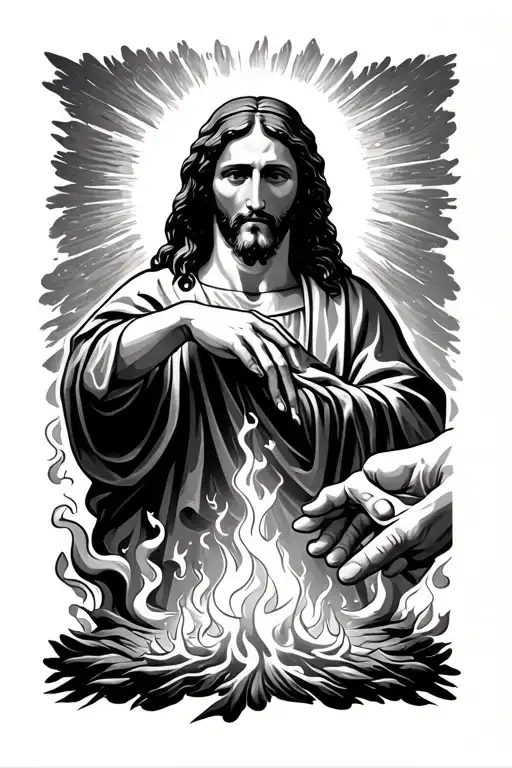 Jesus Hand Reaching Down From Heaven And Pulling A Hand From The Flames