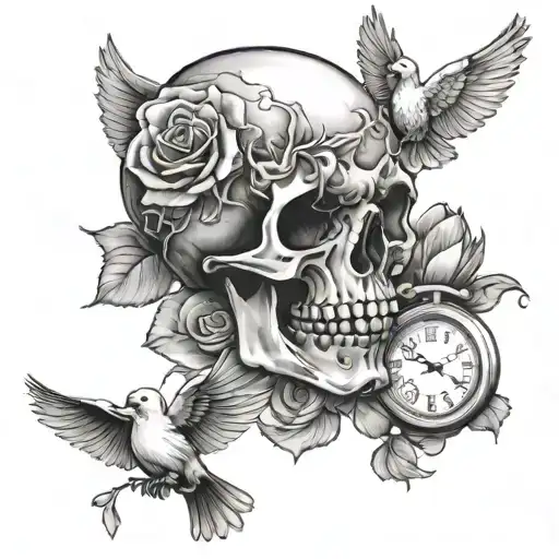 Skull With Rose In Its Mouth Next To Dove And Clock