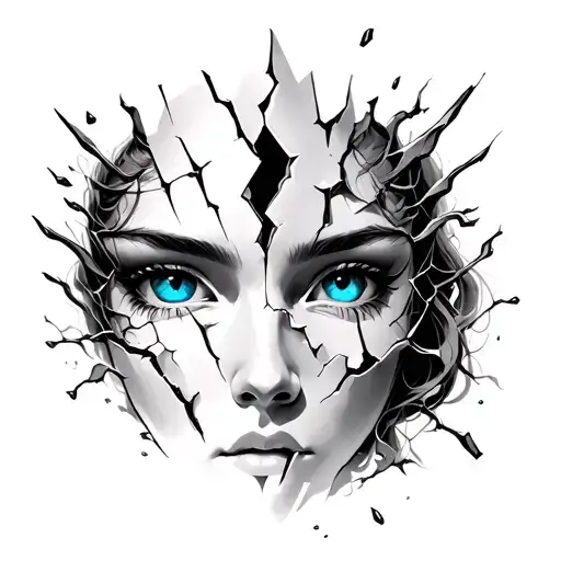 Hanya Mask Broken By Falls And Inside The Face Of A Girl With Blue Eyes