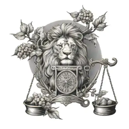 Lion Head And Justice Scales With Life Tree Emerging