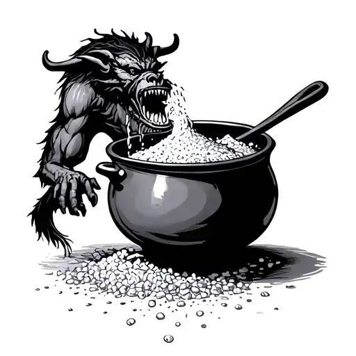 I Want A Cooking Pot With A Demon Above It Pouring Salt Out Of Its Mouth Into The Por