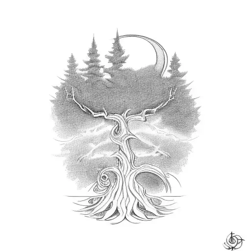 A Tattoo Design Of A Tree With Norse Mythology Symbols Incorporated Into Its Branches