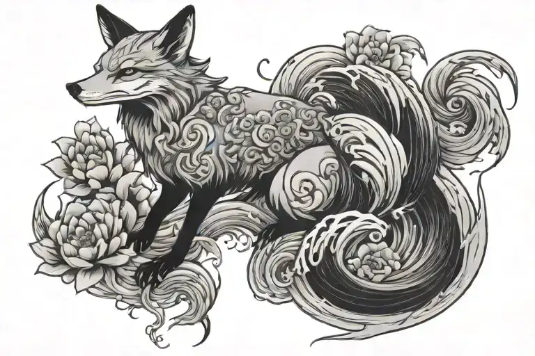 Kitsune Fox Full Body Pagoda Waterfall Lotos Flower Japan Style Fox Set On Right And Show 9 Tails