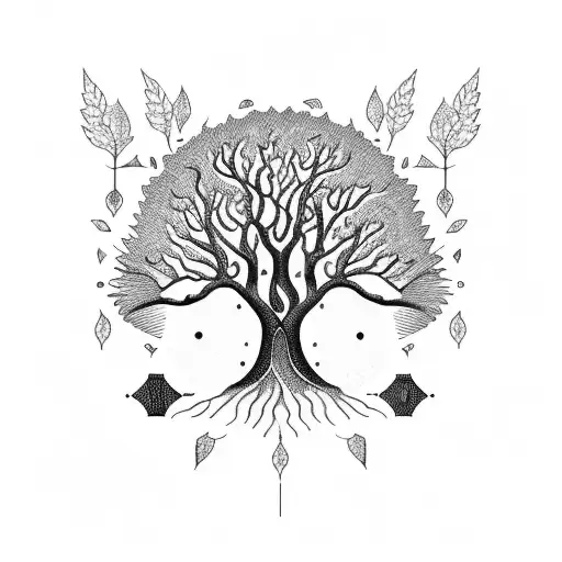 A Blackwork Tattoo Of A Tree With Owl Symbolizing The Harmony Between Trees And Athena's Owl