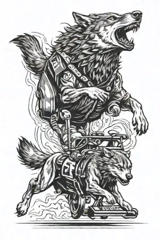 A Wolf Running Alongside A Formula One Pit Crew In Action