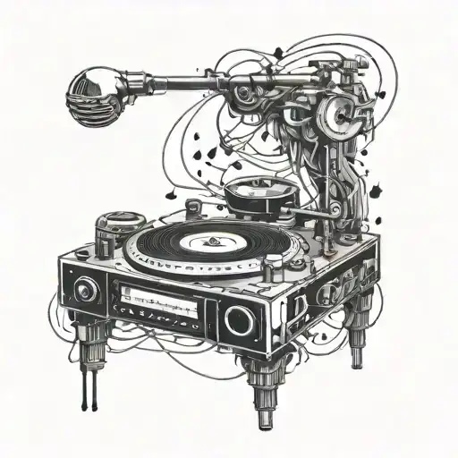 A Detailed Blackwork Design Of A Dj Turntable With Music Notes Flowing Out Of It