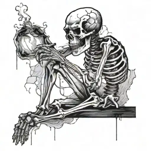 Skeleton Leaning Against A Wall While Standing And Smoking A Cigarette