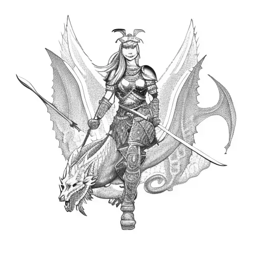 A Fierce Valkyrie Warrior Riding A Dragon