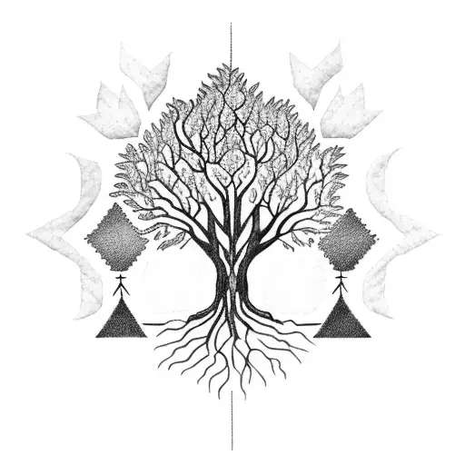 A Blackwork Tattoo Of A Tree With Owl Symbolizing The Harmony Between Trees And Athena's Owl