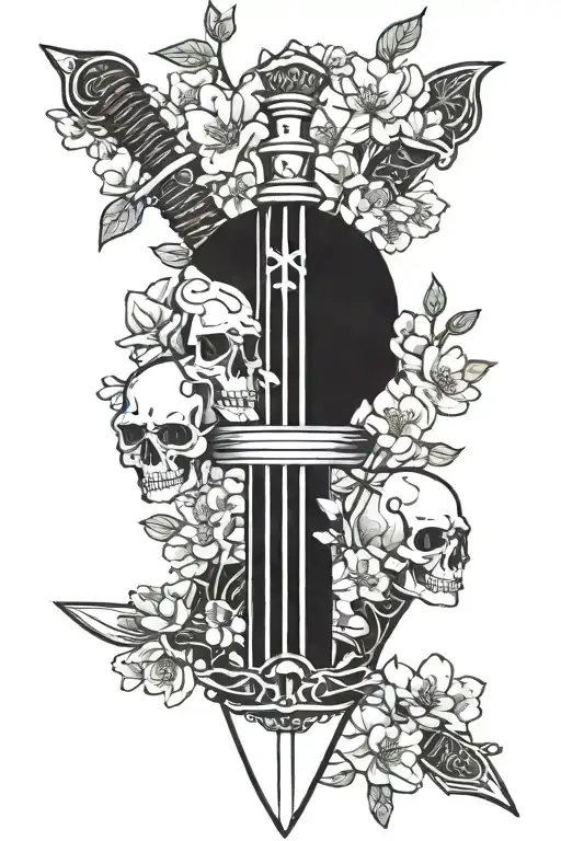 Sword With Cherry Blossoms And 3 Skulls Surrounded