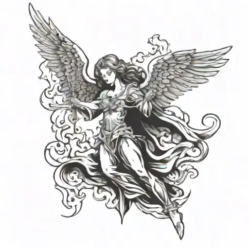Angel With Wings On Fire Holding A Blade Towards The Heavens