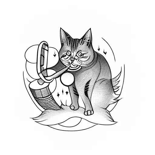 A Blackwork Tattoo Of A Cat Playing A Musical Instrument Under A Full Moon