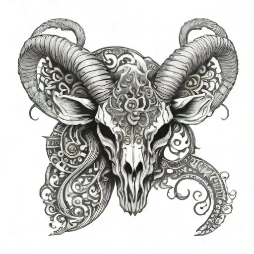 A Blackwork Tattoo Of A Goat Skull Adorned With Intricate Artistic Patterns And Symbols
