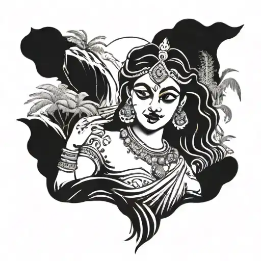 A Tattoo Of Mahakali Wearing Saree Emerging From A Waterfall In A Lush Jungle