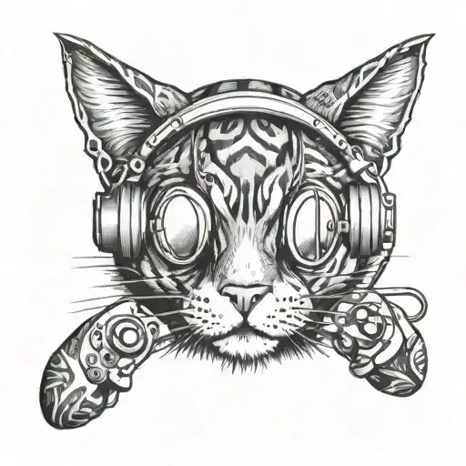A Tattoo Design Of A Cat Wearing Gaming Headphones And Playing A Video Game