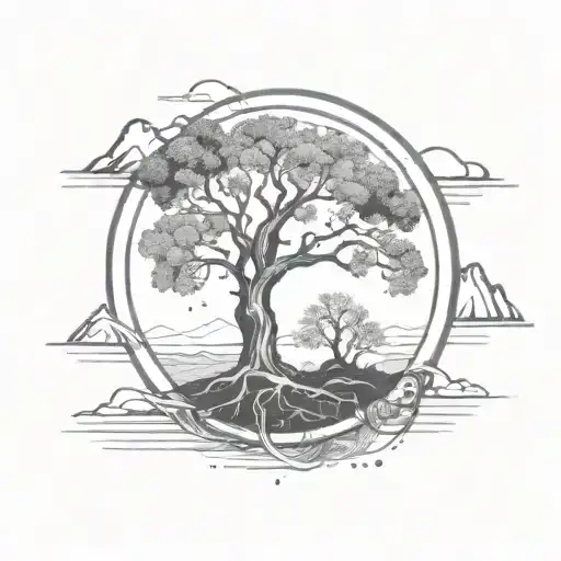 Tree Of Life In A Circle With Mountains In The Background And Patterned Shading Around The Outside