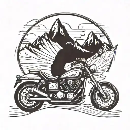 A Mountain Range Silhouette With A Motorcycle Riding Through It