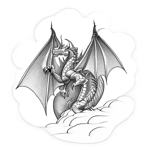 A Dragon Climbing A Mountain In A Blackwork Style