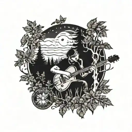 A Detailed Blackwork Tattoo Of A Live Music Performance In A Wooded Clearing At Night