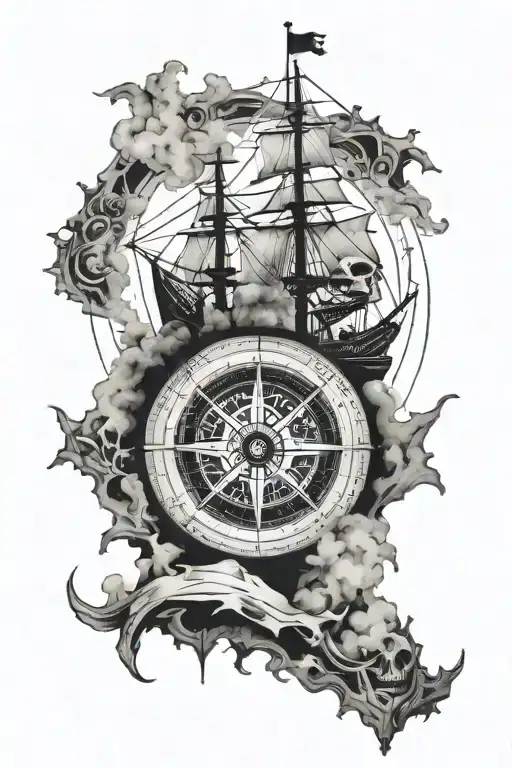 Futuristic North Star Compass And Old Pirate Ship And Broken Skull With Fog