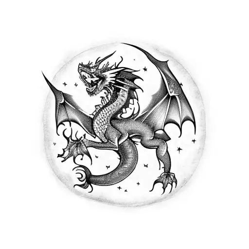 A Blackwork Tattoo Of A Majestic Dragon In Space