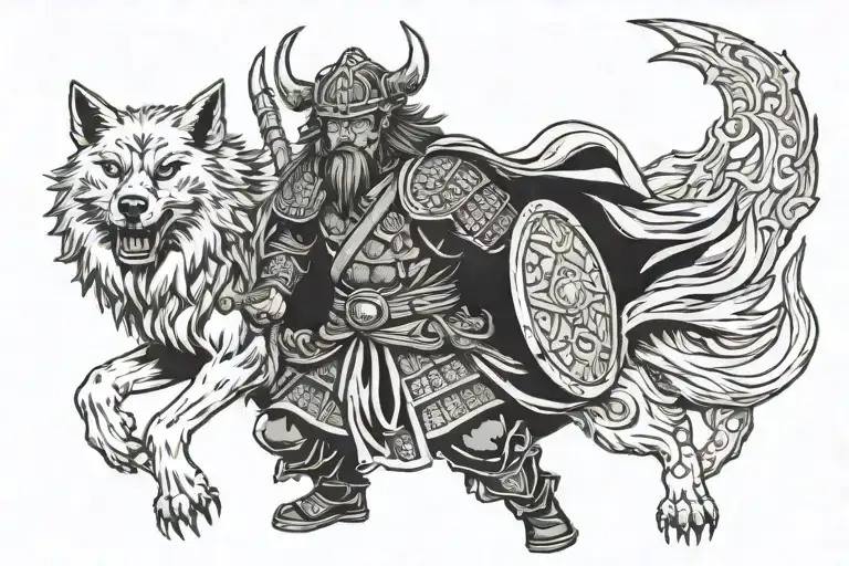 A Samurai Warrior Holding A Viking Shield With A Wolf At Their Side