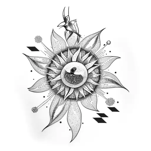 Hummingbird Surrounded By Flowers And A Sun In The Back