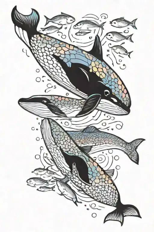 A Majestic Whale Swimming In The Deep Sea Surrounded By A School Of Colorful Fish