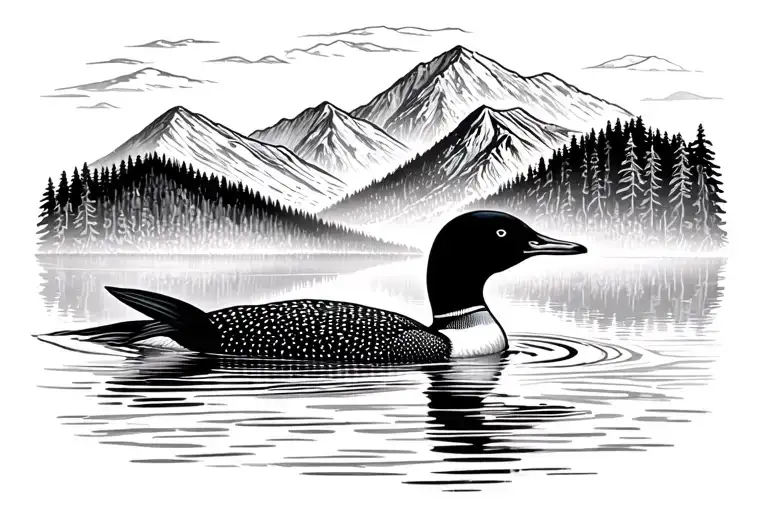 Common Loon Bird Swimming Away On A Lake Surrounded By Mountains