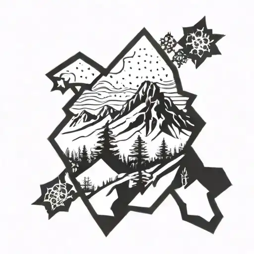 A Blackwork Tattoo Of A Mountain Silhouette With A Snowflake Pattern Filling The Outline