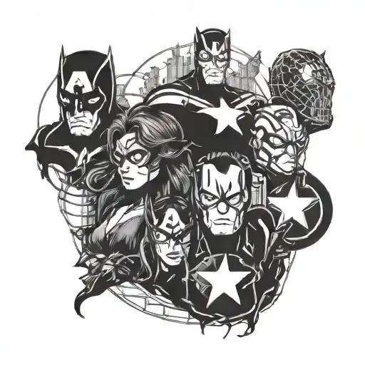 A Blackwork Design Of Iconic Scenes From Marvel Movies Combined With Musical Symbols