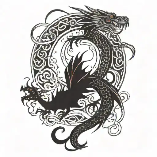Red Dragon With Moon And Sun