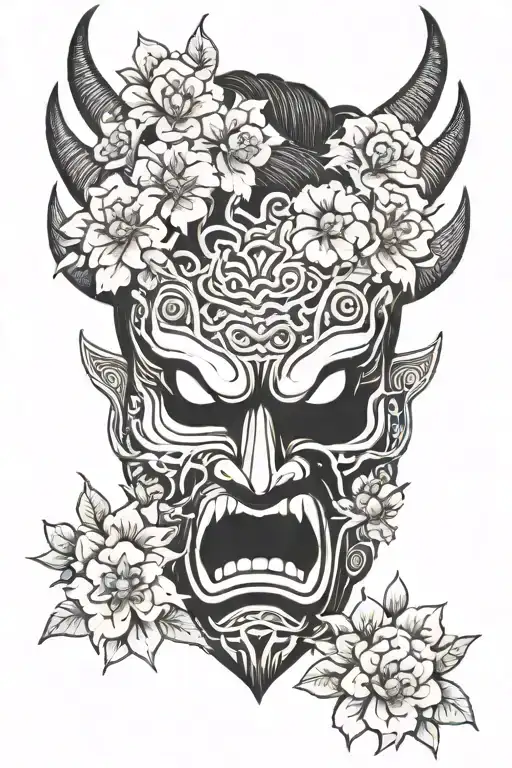 Japanese Female Oni Mask With Flowers