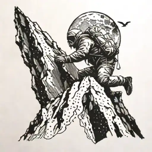 An Adventurous Mountain Climber Reaching For The Moon In A Dotwork Style