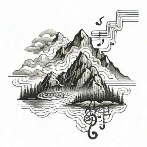 A Detailed Blackwork Tattoo Of A Mountain Landscape With Musical Notes Woven Into The Design