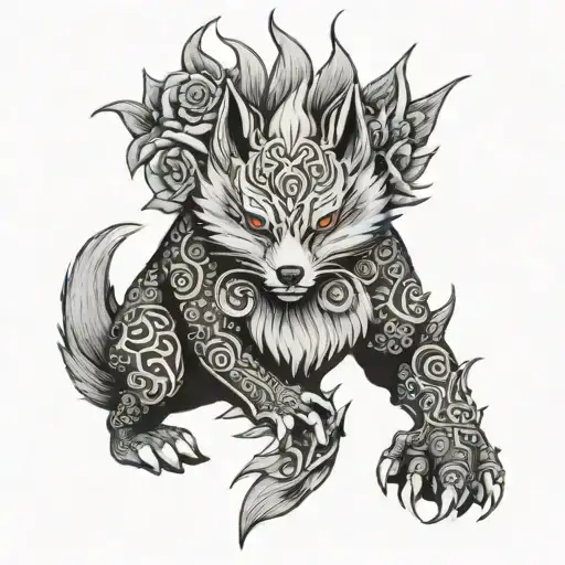 A Tattoo Of A 9 Tailed Fox With Oni Masks Surrounding It In A Gothic Style