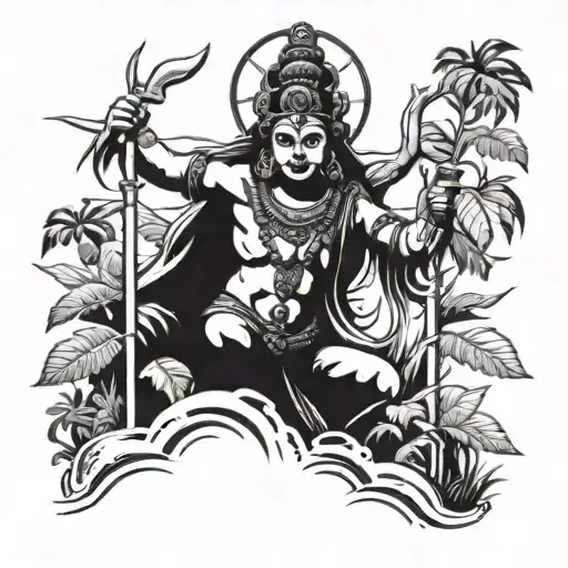 A Tattoo Of Mahakali Emerging From A Waterfall In A Lush Jungle