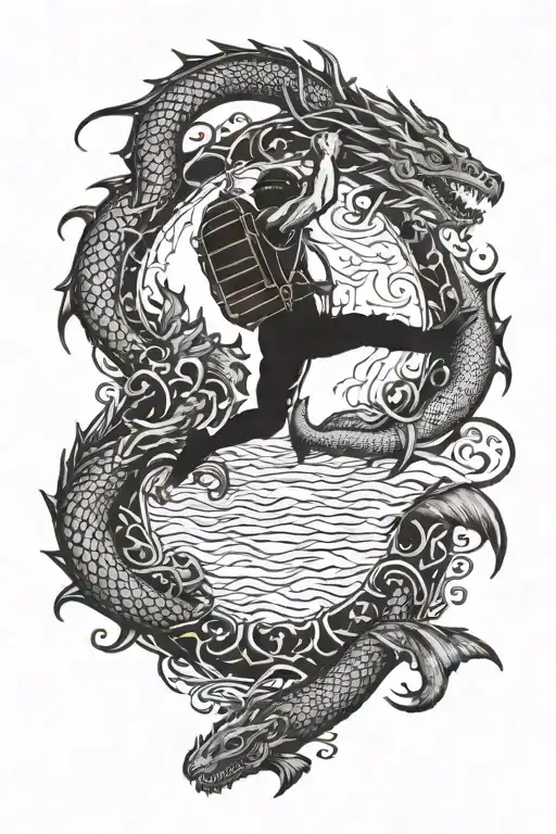 A Detailed Tattoo Of A Diver Descending Into The Depths Of The Ocean With A Dragon Flying Above