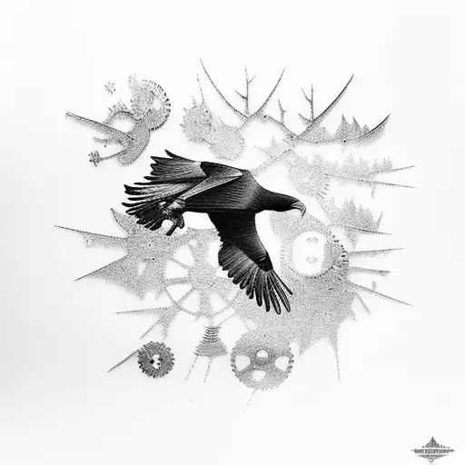 A Majestic Raven Soaring Through A Forest Of Gears