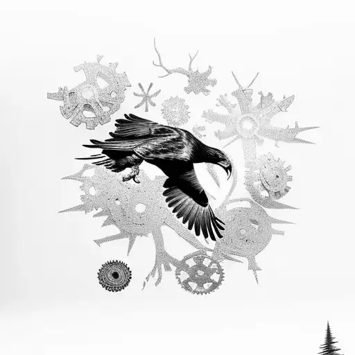 A Majestic Raven Soaring Through A Forest Of Gears