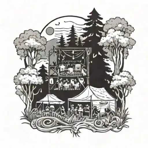 A Detailed Blackwork Tattoo Of A Live Music Festival Concert In A Wooded Clearing At Night