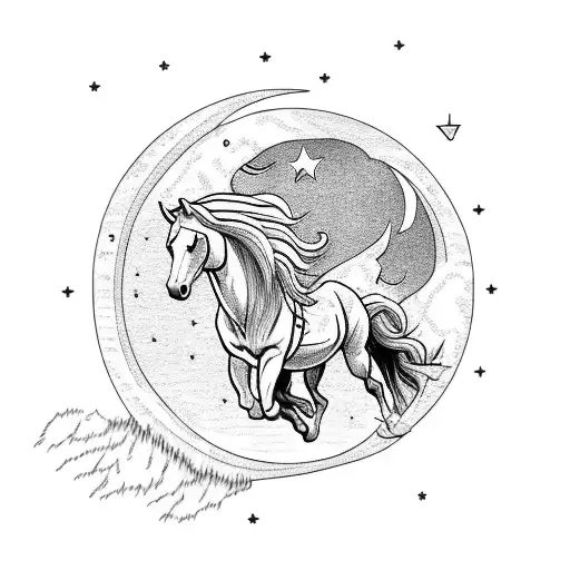 A Majestic Mustang Running Through A Forest At Night Under A Crescent Moon