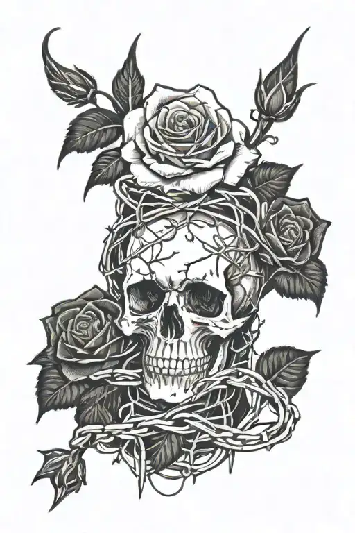 Skull With Barbed Wire And Roses Growing Out Of It Going Up The Arm