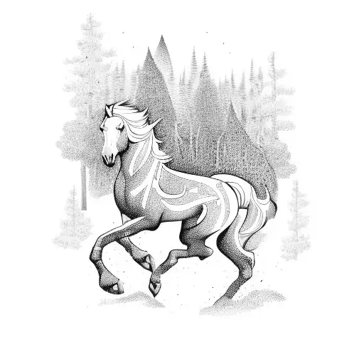 A Blackwork Tattoo Of A Horse Galloping Through A Forest