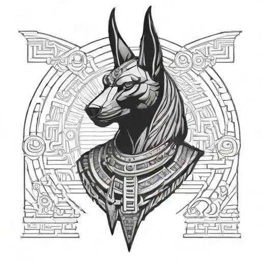 Anubis In A Realistic Style Facing Forward With Hieroglyphics As The Background