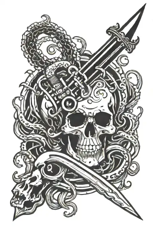 Dagger Piercing Through A Skull Surrounded By Tentacles Of A Kraken